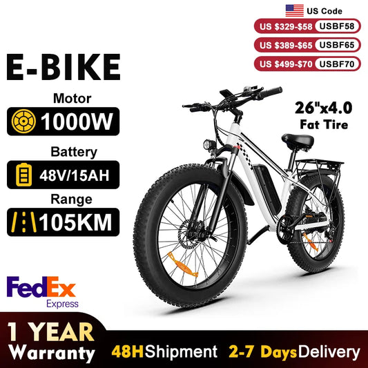 US Stock 1000W City Ebike 48V15H Battery Fat tire ebike 26 Inch Tire Commuter Electric Bike Off road Ebike