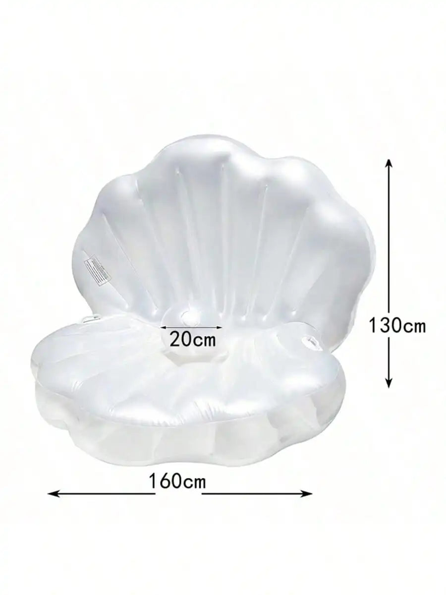 Inflatable Shell Shaped White PVC Seashell Pool Float,  Blow Up Giant Clam Floatie with Pearl Ball, Shell Pool Floating Ride On