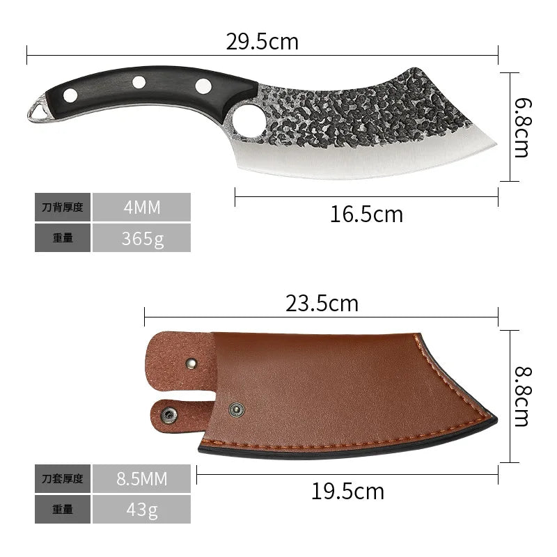 Chef Knife Forged Stainless Steel Butcher Kitchen Meat Boning Cleaver Machete Cut Rosewood Black Colour Wood Handle Finger Ring