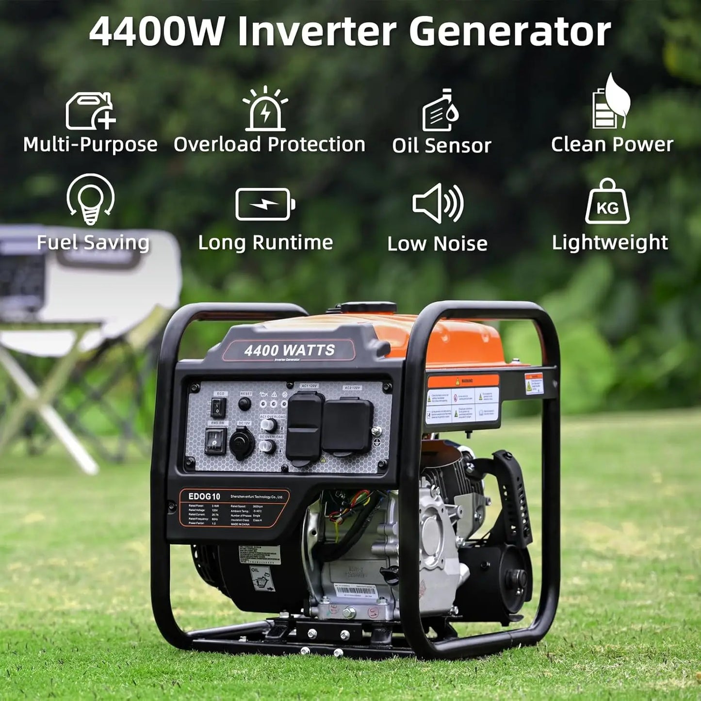 4400W Inverter Generator, Gas Powered, Portable Open Frame, Low Noise, ECO Mode, RV Ready, Emergency Home Backup